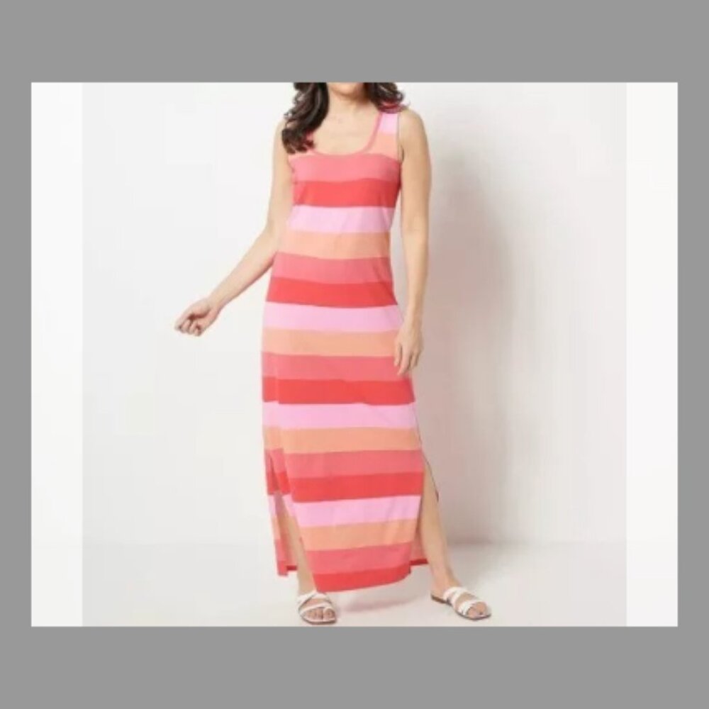 Isaac Mizrahi Live! Wide Stripe Maxi Tank Dress Large Pink Sundress BeachA499631
